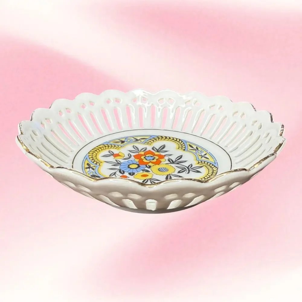 Vintage Germany Reticulated Lattice Floral Bowl Gold Trim Art Deco 5 Inch